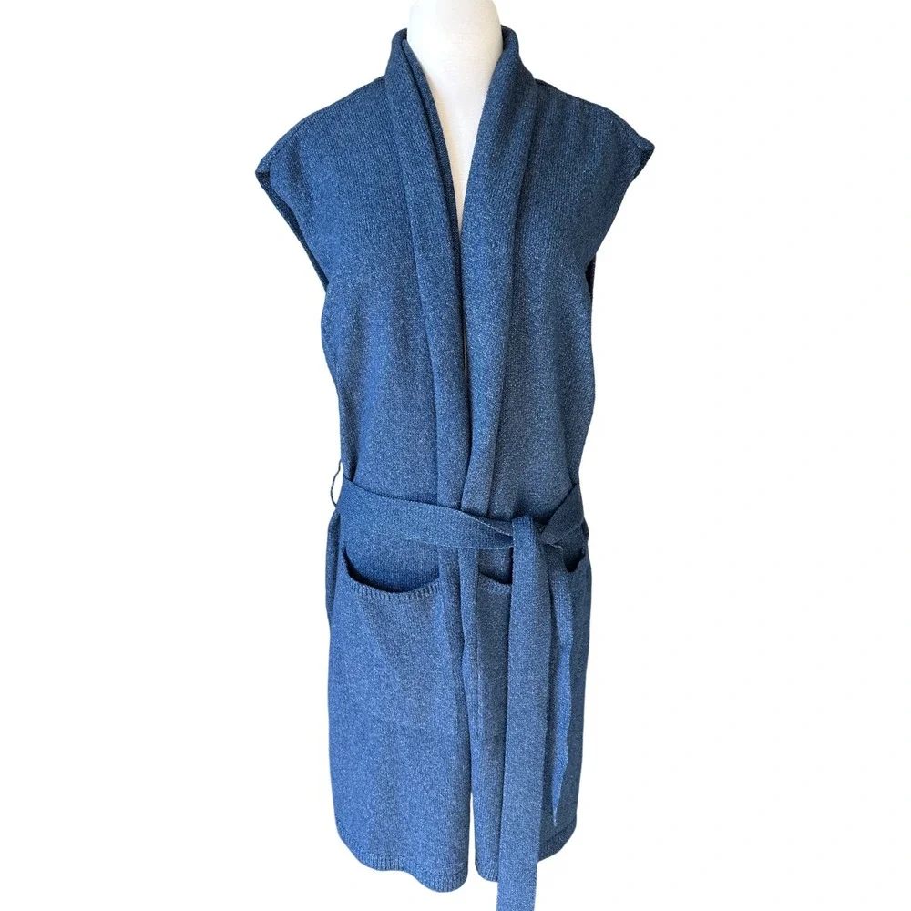 Time and Tru Blue Cove Heather Sleeveless Belted Long Cardigan Sweater XL Y2K